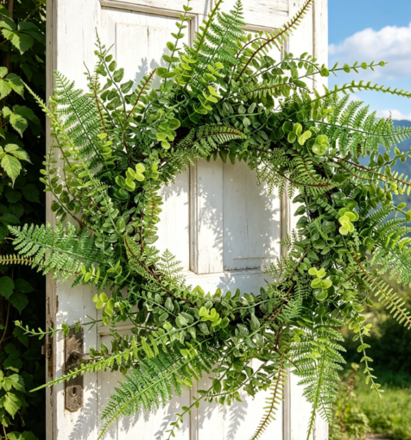 26" Artificial Fern Wreath, Farmhouse Mixed Green, Large Wreath for Front Door, Wall or Window