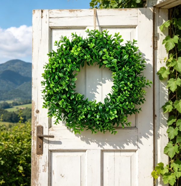 17" Artificial Boxwood Wreath, Spring Summer Greenery, Hanging Garland for Front Door or Wedding