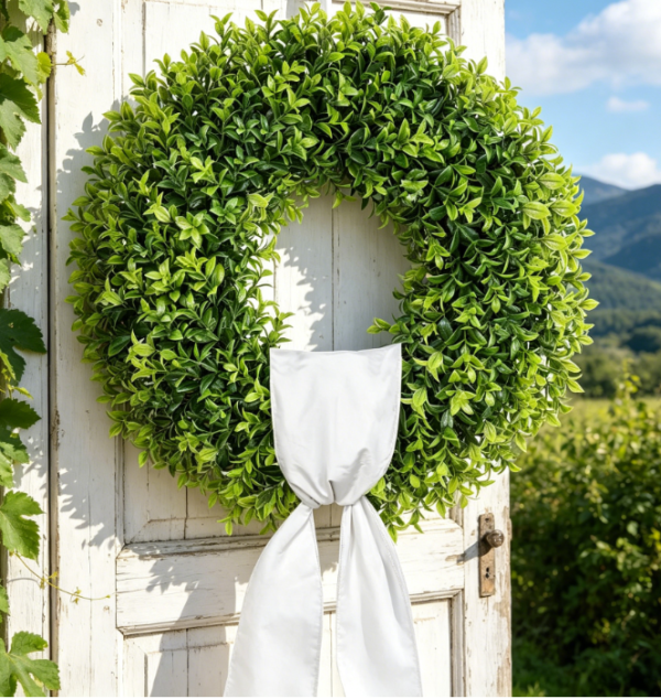 20" Artificial Boxwood Wreath with Sash, for Front Door, Wall, Window or Porch, Indoor or Outdoor