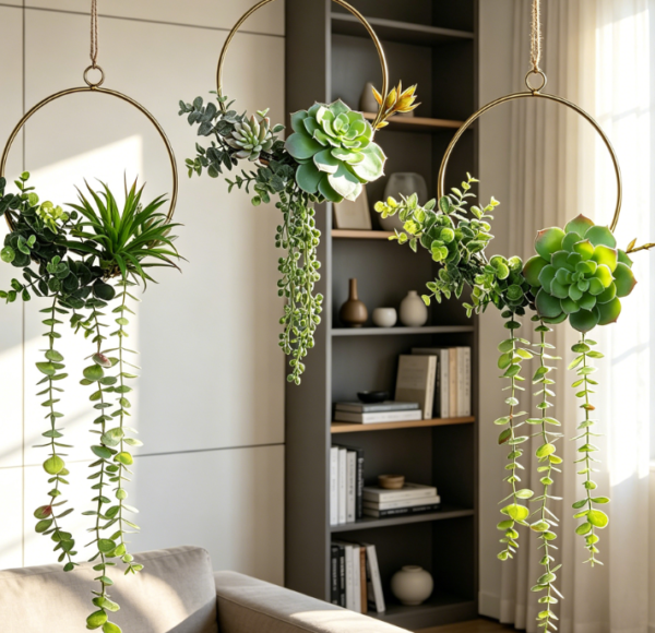 Set of 3 Artificial Succulents Wreath, Hanging Gold Geometric Garland, Wall Decor Backdrop